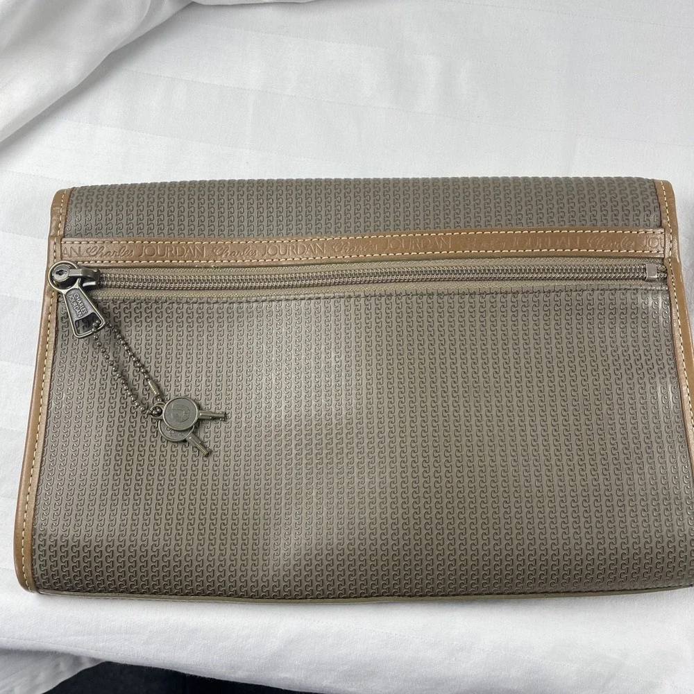 Charles‎ Jourdan Brown Clutch Pouch Bag w Lock Keys Magnetic Zip Closure Japan